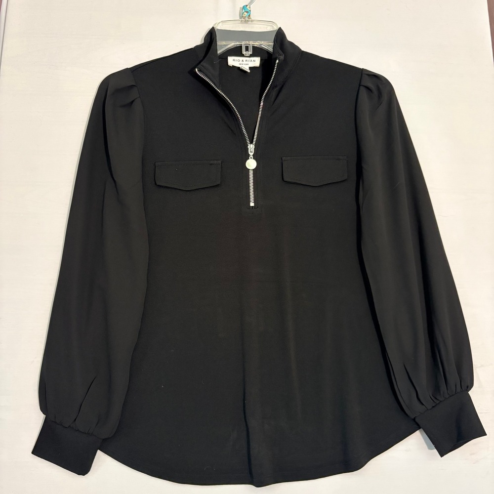 Rio & Rian New York Black Quarter Zip Puff Sleeve Mock Neck Blouse Top